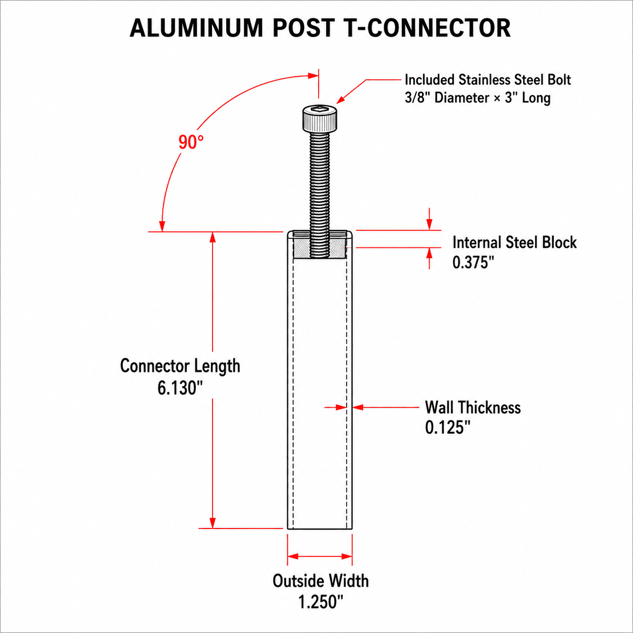 Technical drawing of steel T-connector for aluminum posts with dimensions in inches