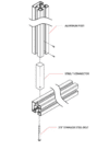 Exploded installation drawing showing steel T-connector joining Alumission aluminum posts with stainless steel bolt