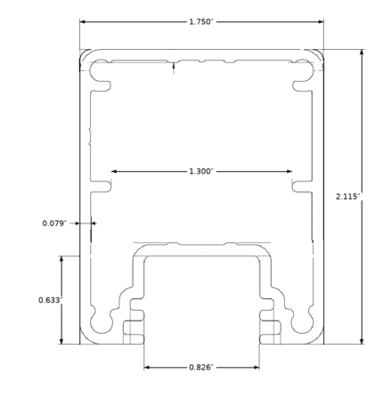 Aluminum Side Post cross-section with six key dimensions in inches