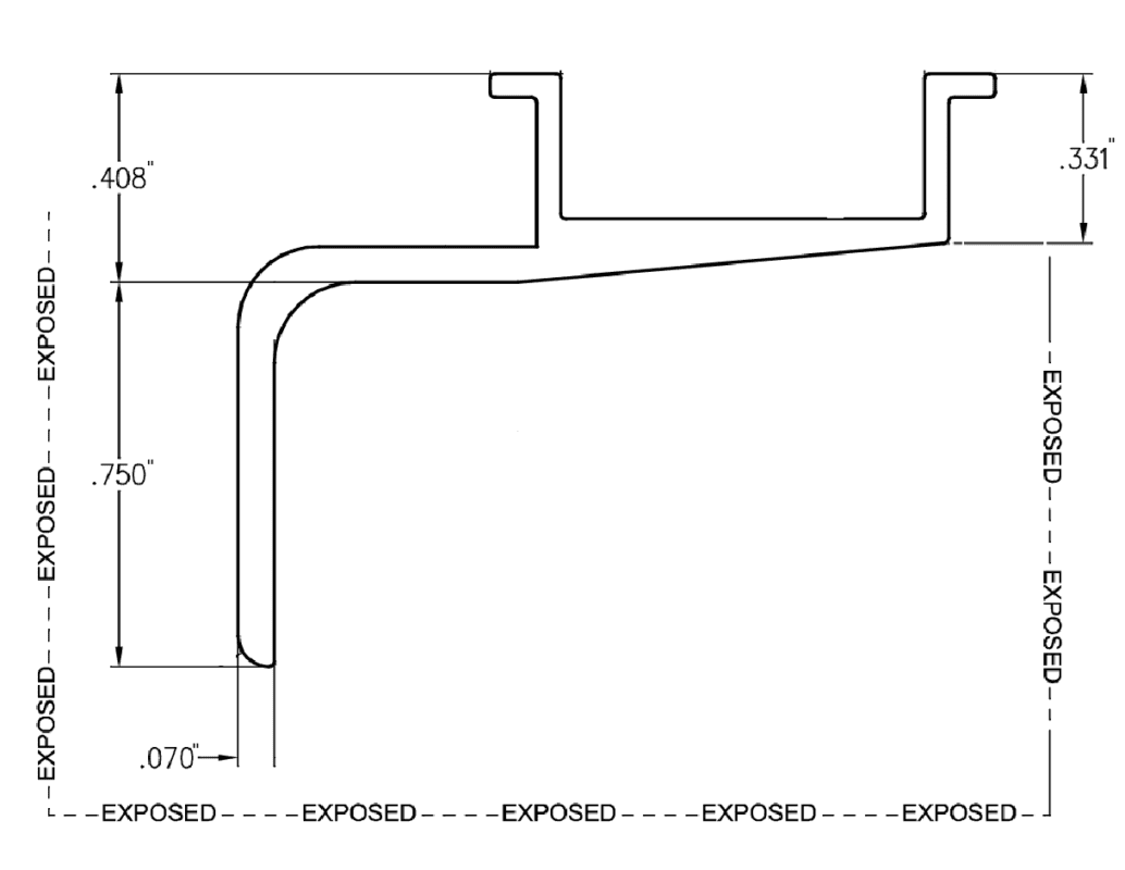 Aluminum Stopper For Side Post profile drawing showing 0.408 inch upper section height, 0.331 inch channel engagement height, 0.750 inch exposed vertical leg, and 0.070 inch profile thickness