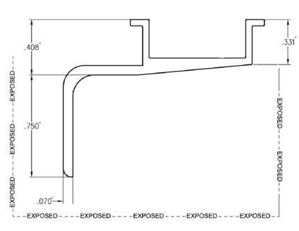 Aluminum Stopper For Side Post profile drawing with all dimensions labeled in inches