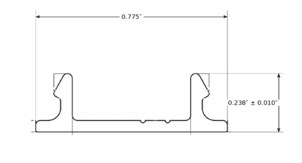 Aluminum Snap Cover For Post 2 Channels cross-section with overall width and height dimensions in inches