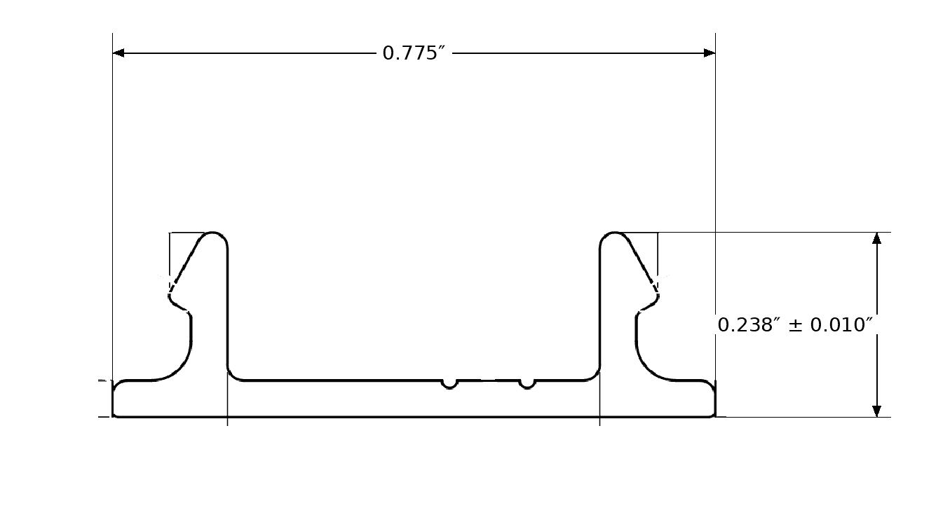 Aluminum Snap Cover For Post 2 Channels cross-section with overall width and height dimensions in inches