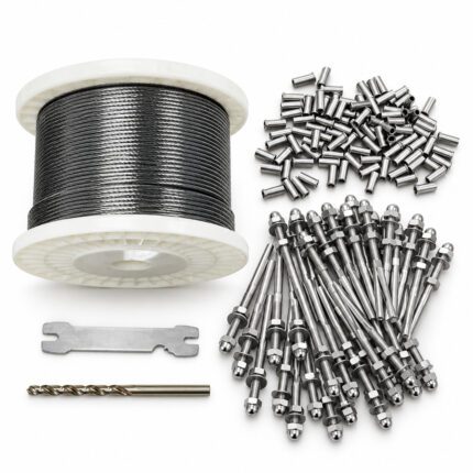 Alumission stainless steel cable railing kit in silver with cable, tension fittings and protector sleeves