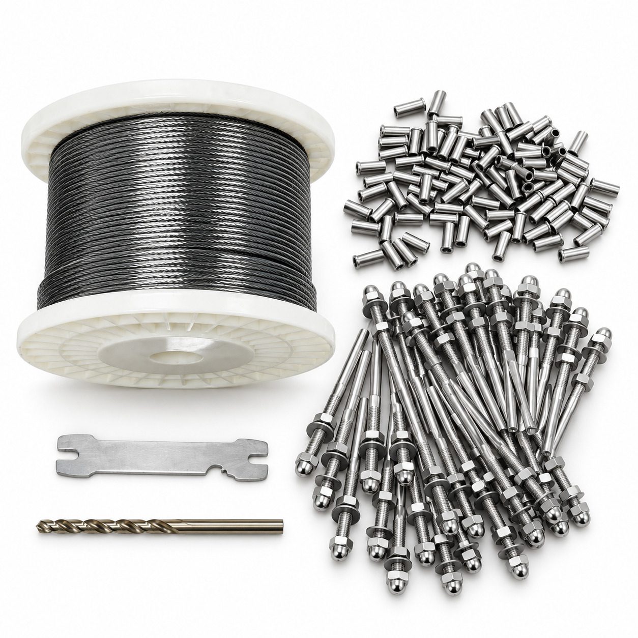 Alumission stainless steel cable railing kit in silver with cable, tension fittings and protector sleeves