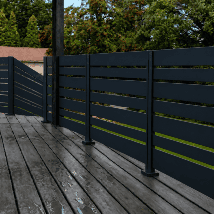 Black Miami aluminum railing with six 5.5-inch slats, five one-inch accent slats and half-inch gaps