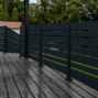 Black Miami aluminum railing with six 5.5-inch slats, five one-inch accent slats and half-inch gaps