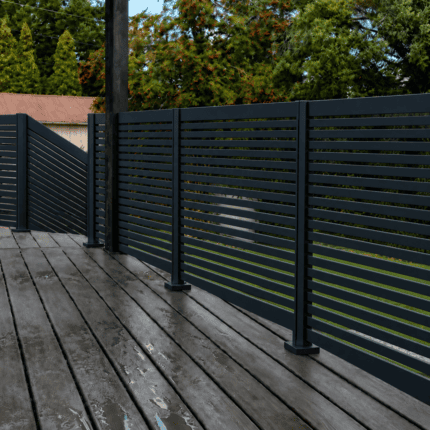 Black San Francisco aluminum railing with 28 one-inch horizontal slats and half-inch gaps