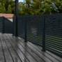 Black San Francisco aluminum railing with 28 one-inch horizontal slats and half-inch gaps