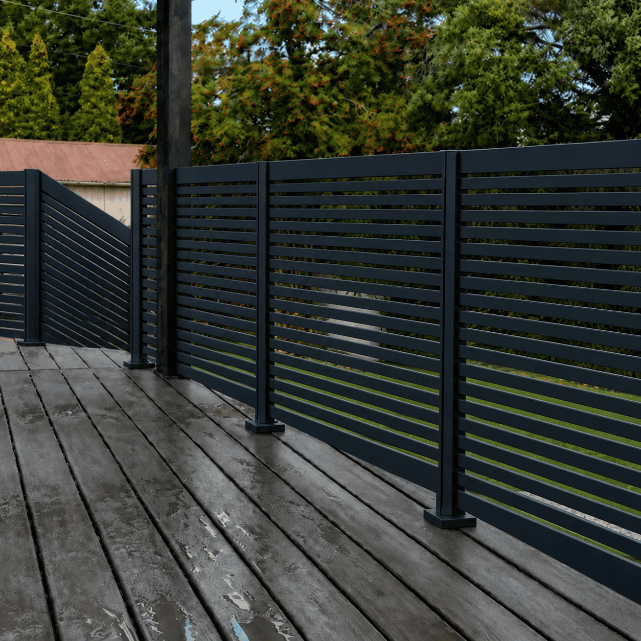 Black San Francisco aluminum railing with 28 one-inch horizontal slats and half-inch gaps