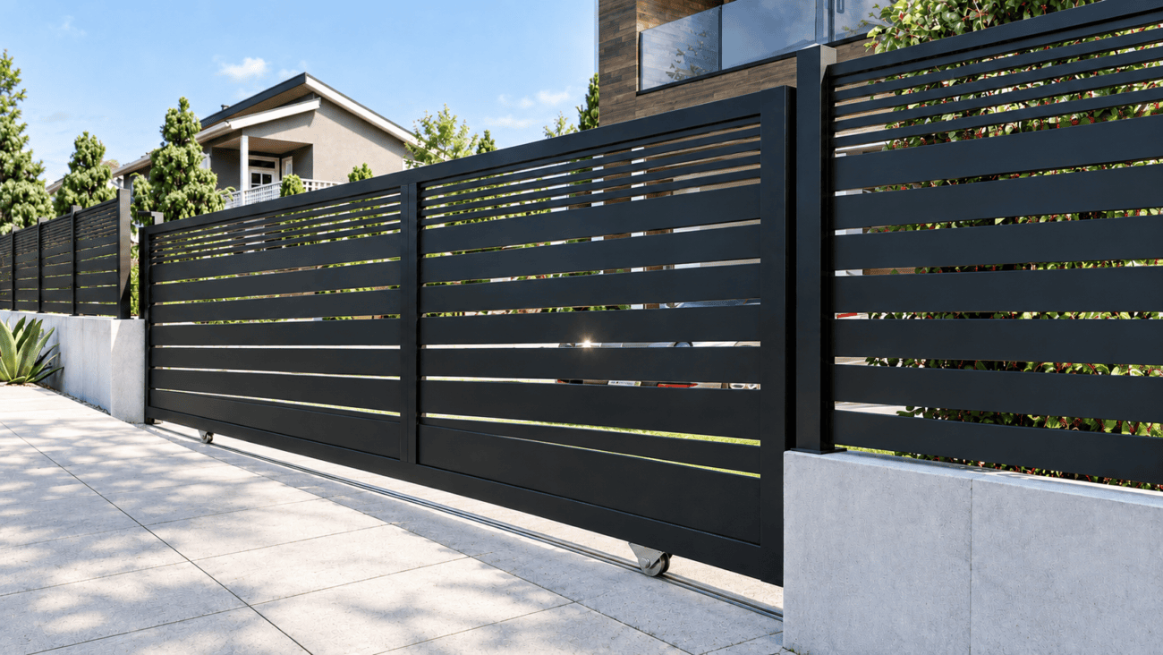 Aluminum Sliding Gate Kit – Dallas Style in Black – illustrative sliding gate design