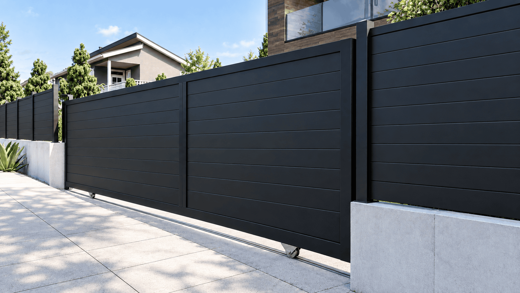 Aluminum Sliding Gate Kit – New York Style in Black – illustrative sliding gate design