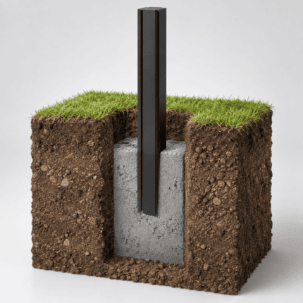 In-ground aluminum fence post installed in a concrete footing