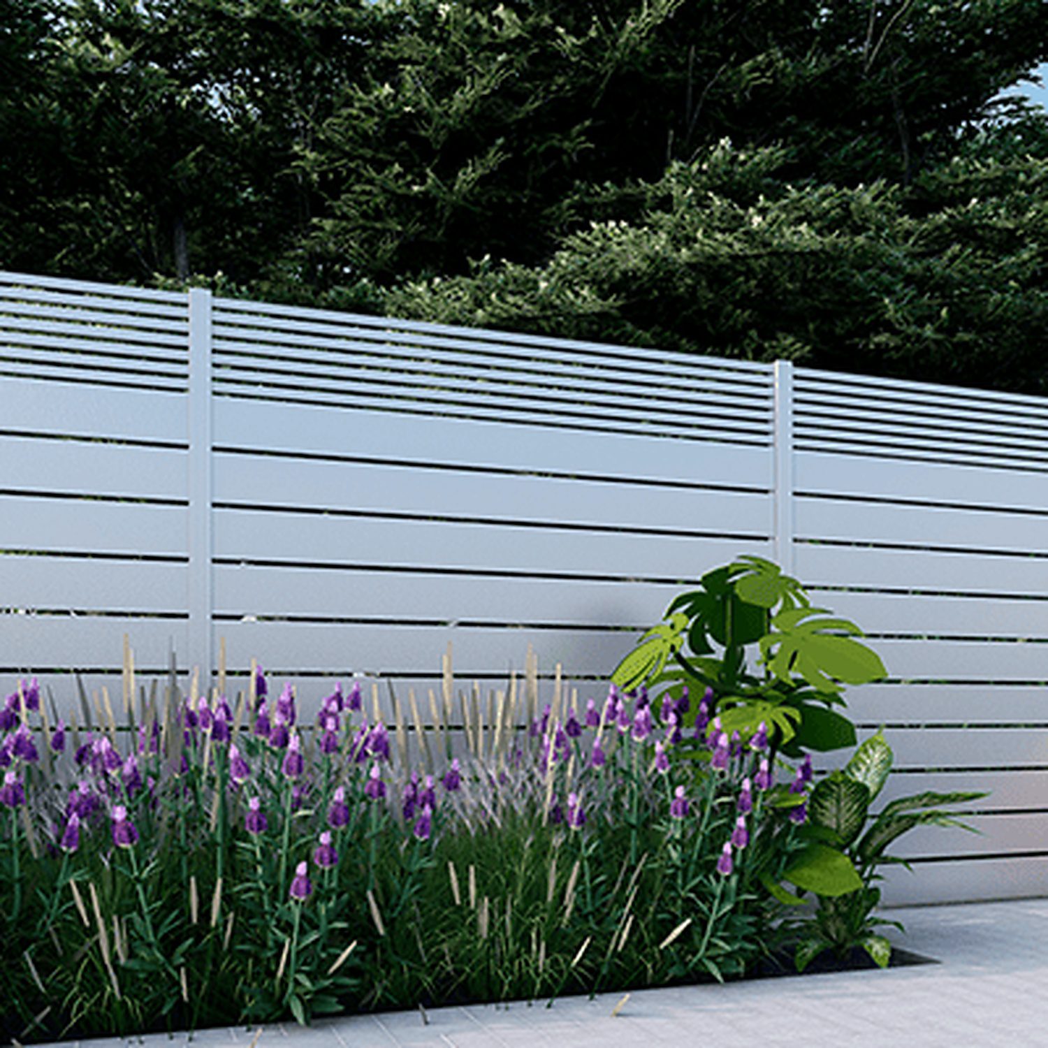 White Dallas Style Alumission aluminum fence kit installed in a landscaped yard