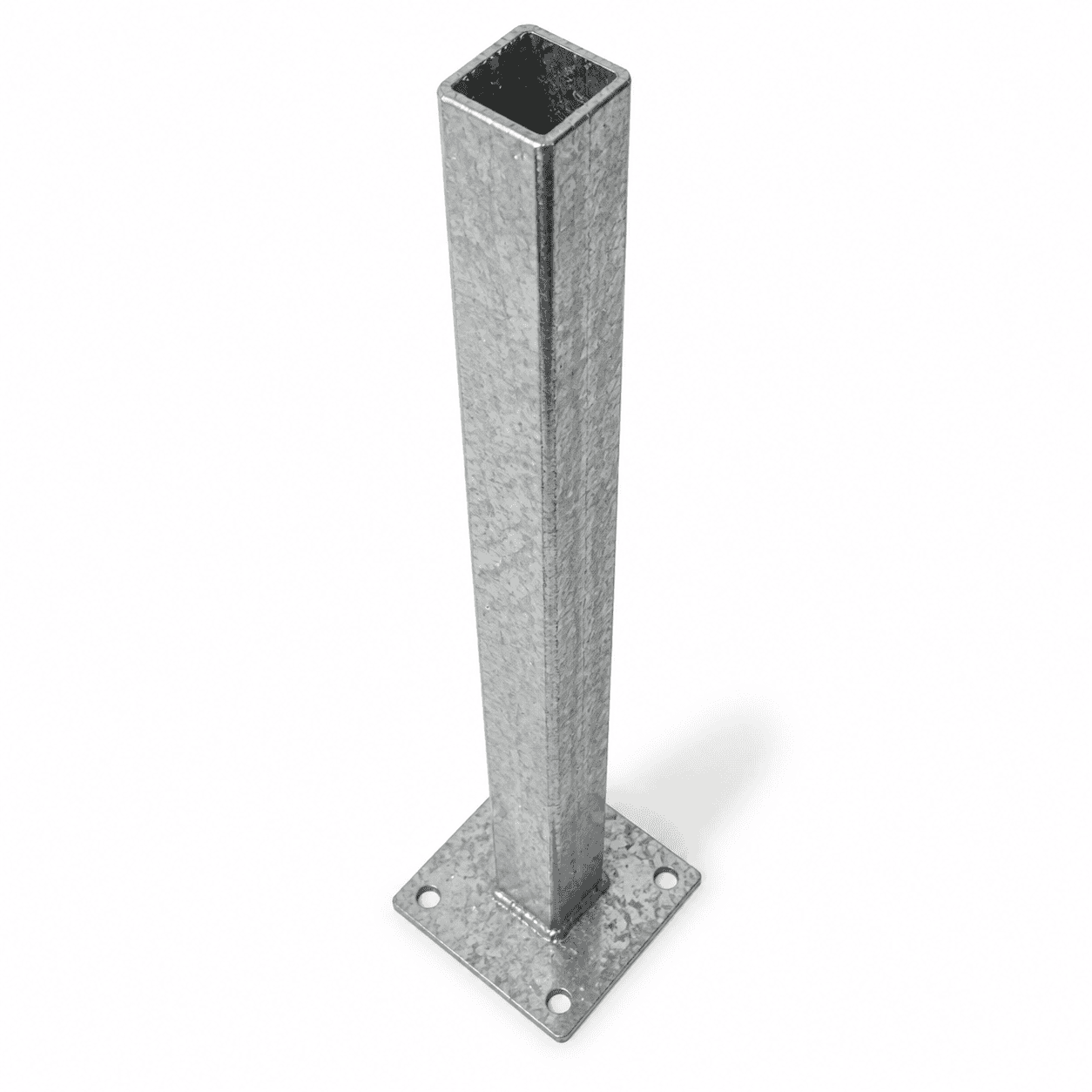 18-inch zinc-coated steel post base with 4-inch square mounting plate and four corner holes