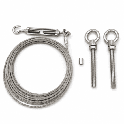 Complete 20-foot stainless steel gate anti-sag cable kit with turnbuckle, two eye bolts, and aluminum crimp sleeve