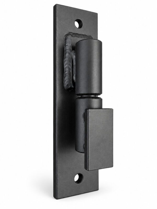 Heavy-duty black ball-bearing barrel gate hinge with custom 8 inch bolt-on plate