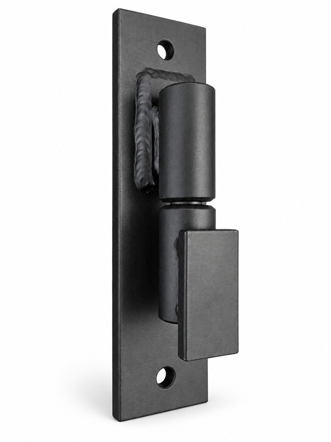 Heavy-duty black ball-bearing barrel gate hinge with custom 8 inch bolt-on plate