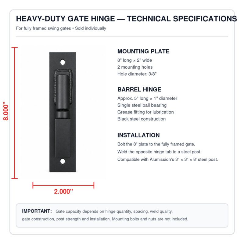 Heavy-duty gate hinge technical specifications showing 8 inch by 2 inch plate and 3/8 inch mounting holes