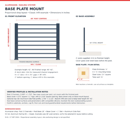 Proportional base-mounted aluminum railing shop drawing with 42-inch finished height, 48-inch post centers, steel base and cover dimensions