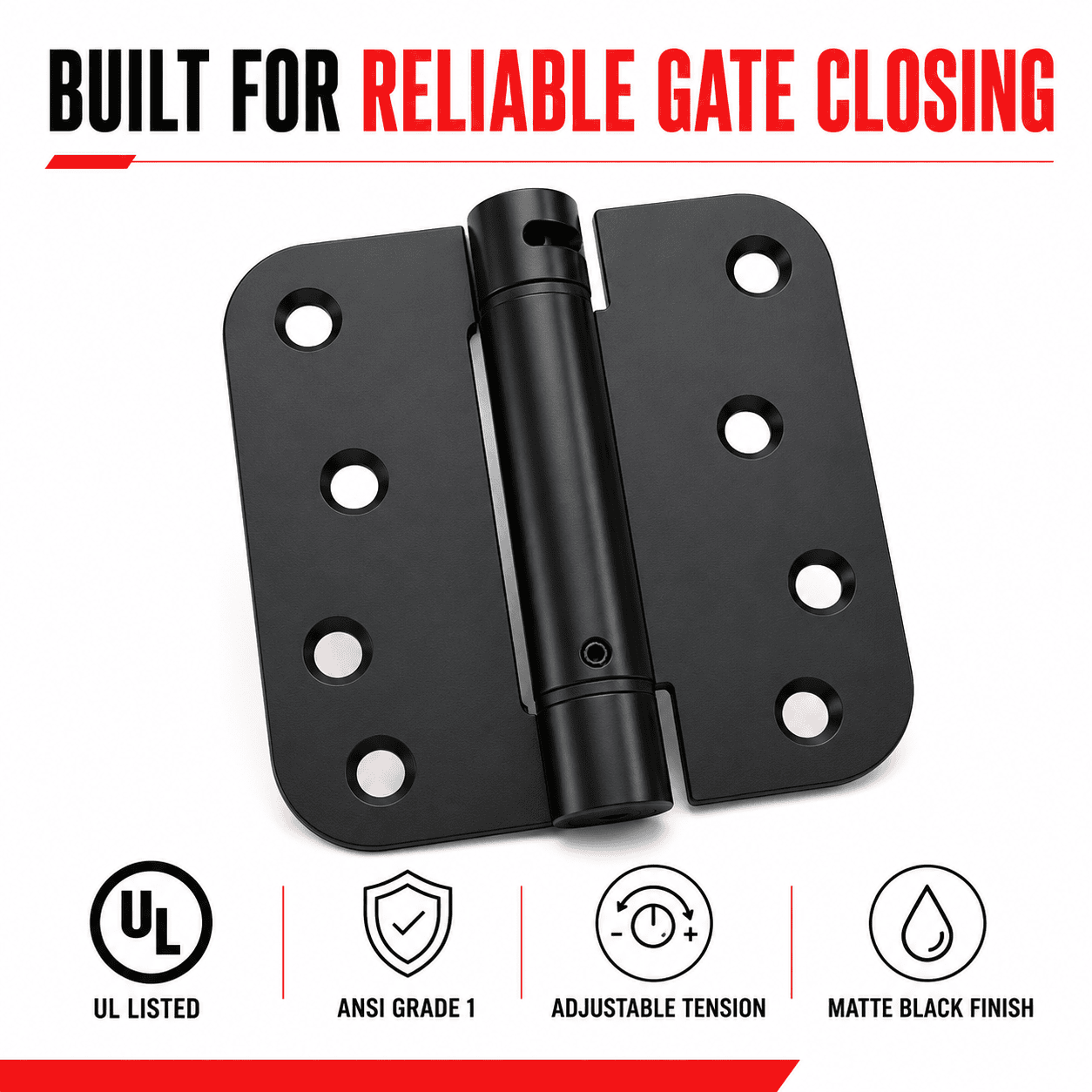 Matte-black self-closing gate hinge quality and adjustable tension features