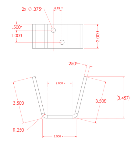 Technical drawing of the aluminum sliding gate catcher with dimensions in inches
