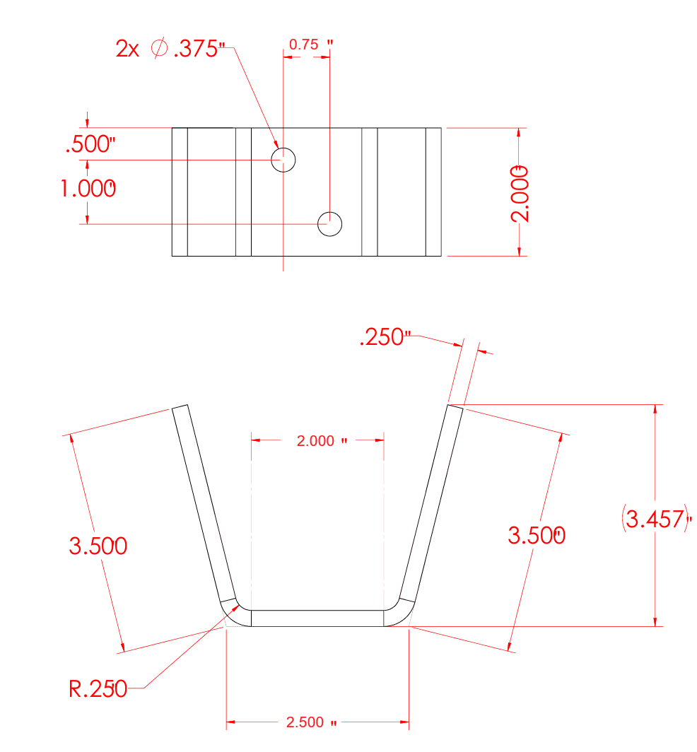 Technical drawing of the aluminum sliding gate catcher with dimensions in inches