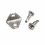 Single stainless steel L-bracket with two silver #8 stainless steel self-drilling screws on a white background
