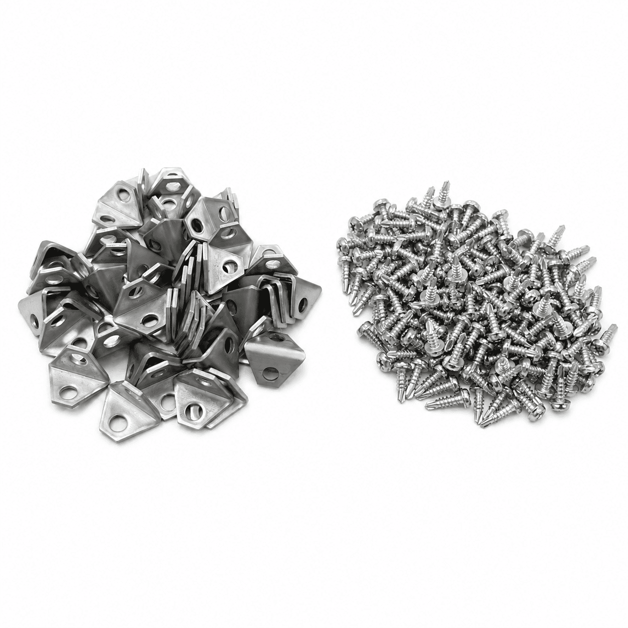 Pack of stainless steel 90-degree L-brackets with silver #8 stainless steel self-drilling screws