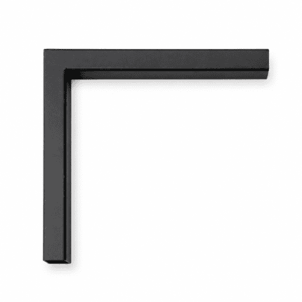 Black powder-coated steel L-connector for joining Alumission aluminum posts at a 90-degree mitered corner