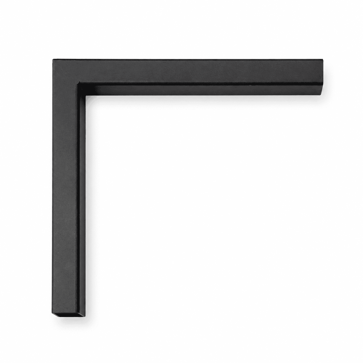 Black powder-coated steel L-connector for joining Alumission aluminum posts at a 90-degree mitered corner