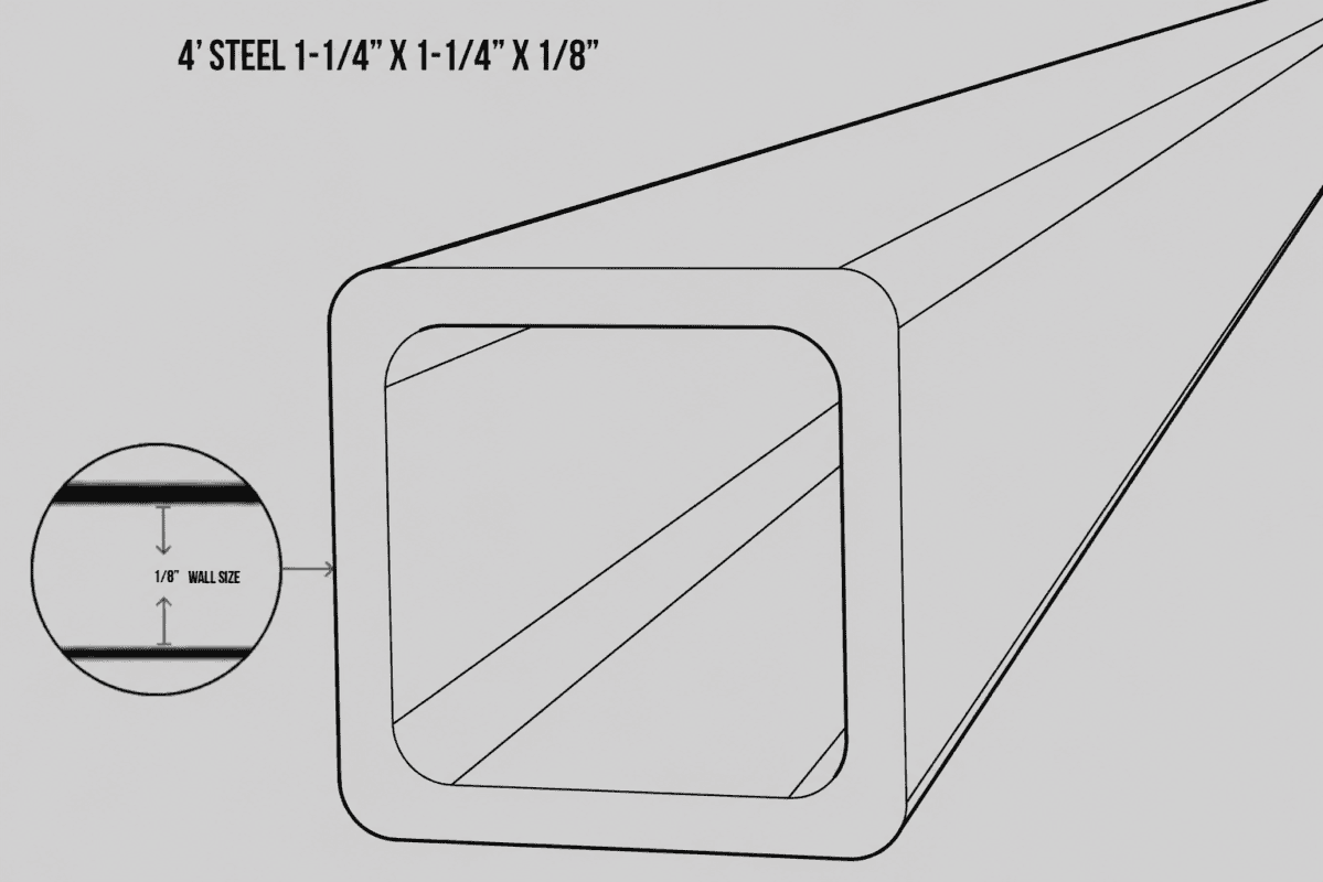 1-1/4 inch galvanized square steel tube dimensional drawing without a fixed-length callout