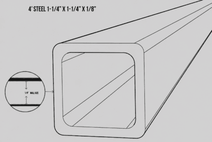 1-1/4 inch galvanized square steel tube dimensional drawing without a fixed-length callout