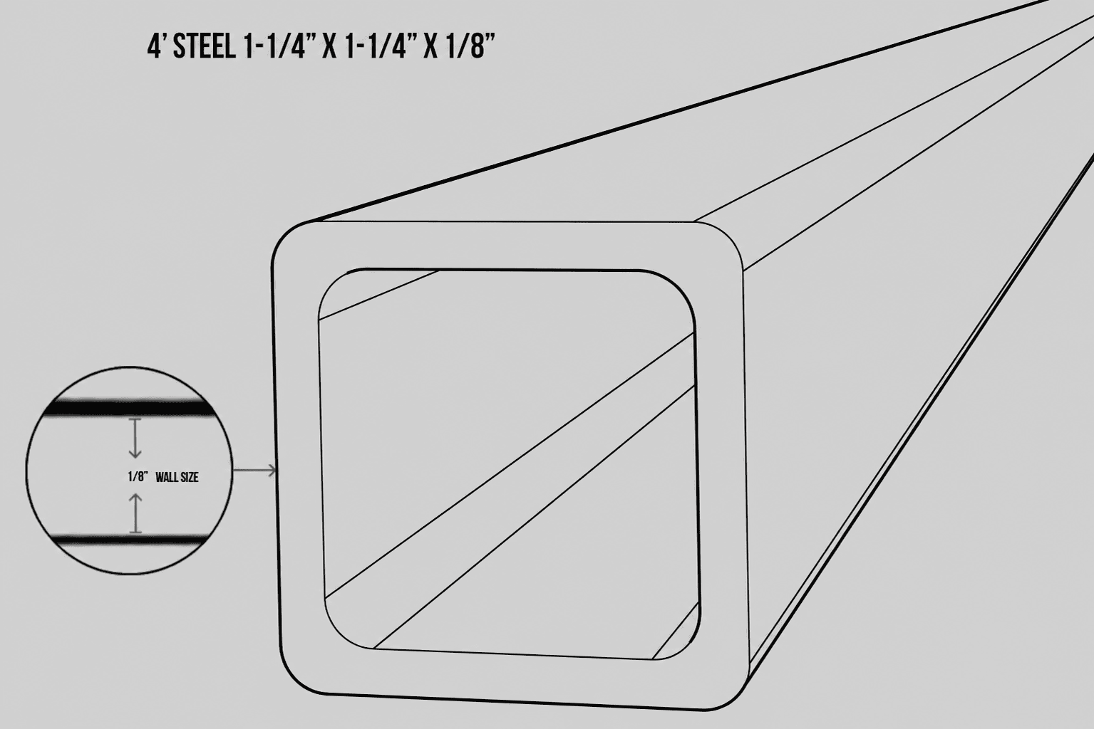 1-1/4 inch galvanized square steel tube dimensional drawing without a fixed-length callout