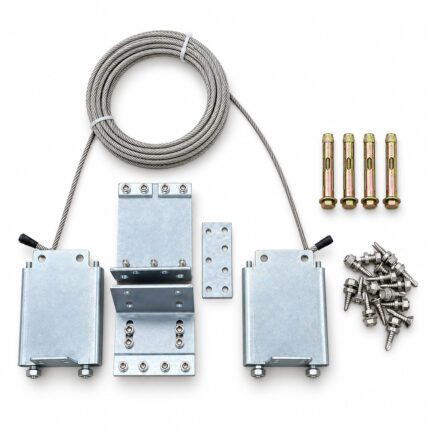 Heavy-duty telescopic sliding gate hardware kit with stainless steel cable, sealed-bearing pulleys, galvanized brackets, anchors and mounting bolts