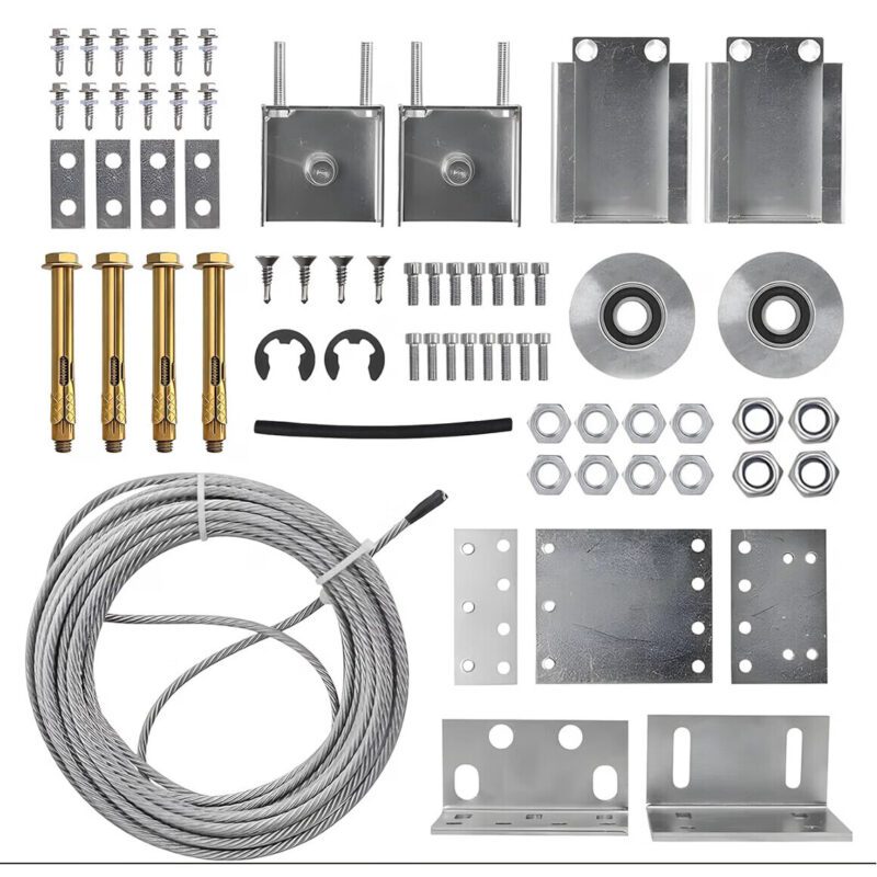 Component overview of telescopic sliding gate kit with stainless steel cable, pulleys, galvanized brackets, anchors and mounting fasteners