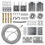 Component overview of telescopic sliding gate kit with stainless steel cable, pulleys, galvanized brackets, anchors and mounting fasteners