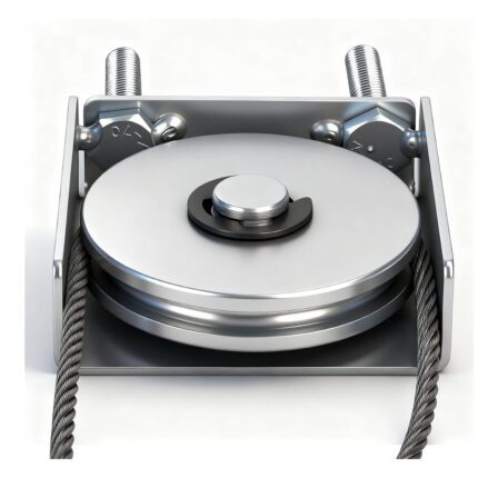 Close-up of sealed-bearing pulley and stainless steel cable for telescopic sliding gate mechanism