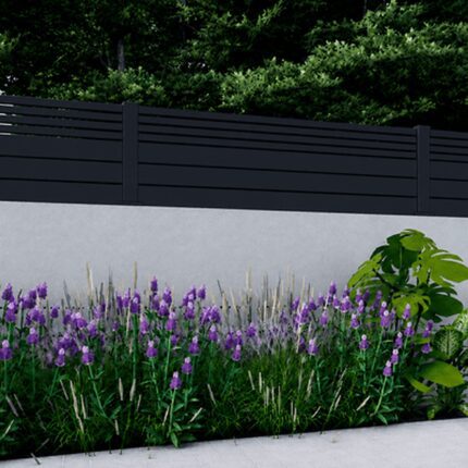 Black Dallas Style Alumission aluminum wall topper kit installed above a garden wall