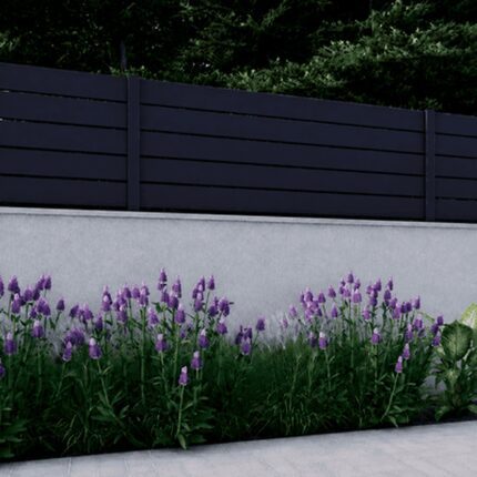 Black Los Angeles Style Alumission aluminum wall topper kit installed above a garden wall