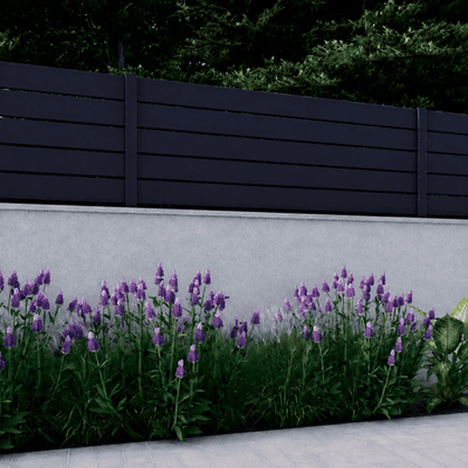 Black Los Angeles Style Alumission aluminum wall topper kit installed above a garden wall
