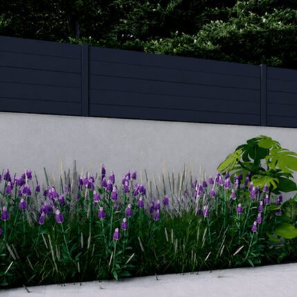 Black New York Style Alumission aluminum wall topper kit installed above a garden wall
