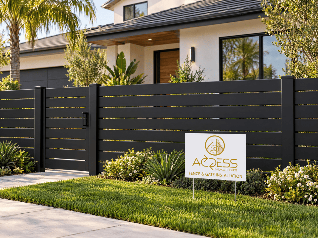 Illustration of a California house with a matte black aluminum front fence and an Access Masters contractor lawn sign