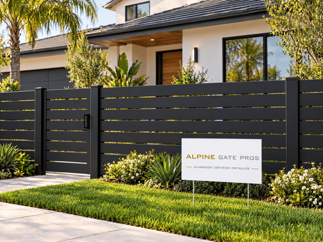 Alpine Gate Pros — house, fence and installer lawn sign illustration