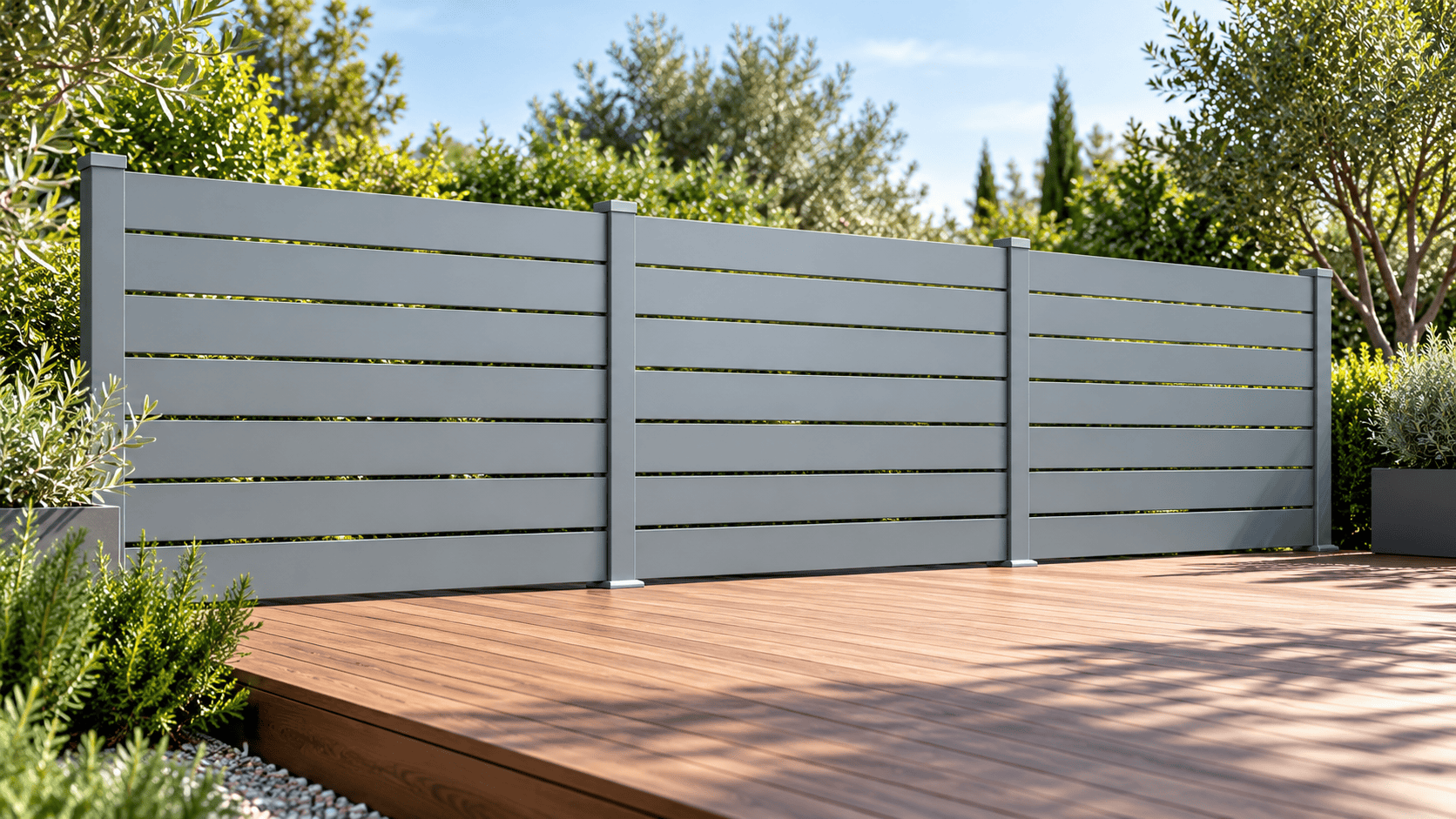 Illustration of a light gray horizontal aluminum fence with surface-mounted posts on a wooden deck