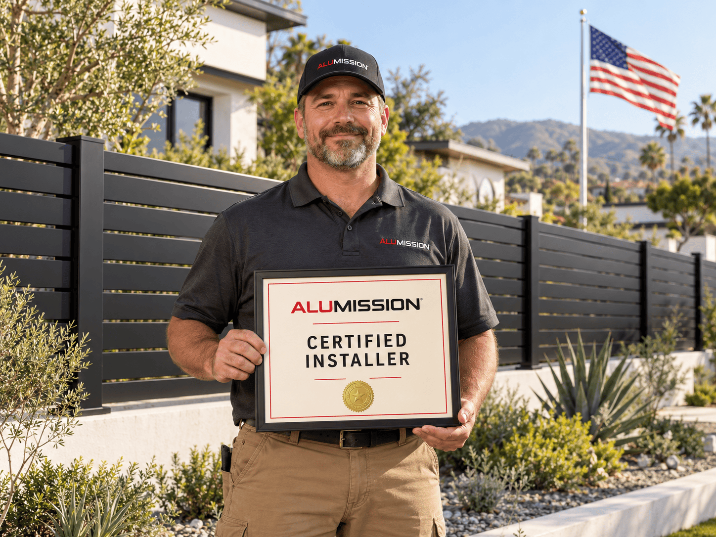 Illustrative contractor holding an Alumission Certified Installer certificate with a black aluminum fence and American flag behind him