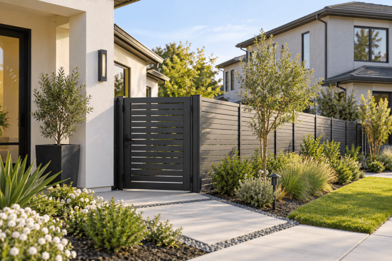 AI-generated concept of coordinated horizontal aluminum fencing in a residential community
