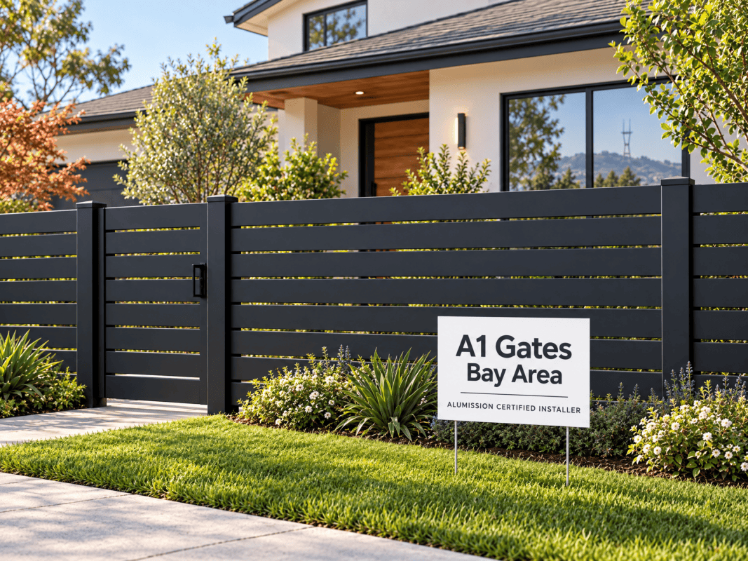 Illustration of a house with an aluminum front fence and a A1 Gates Bay Area lawn sign