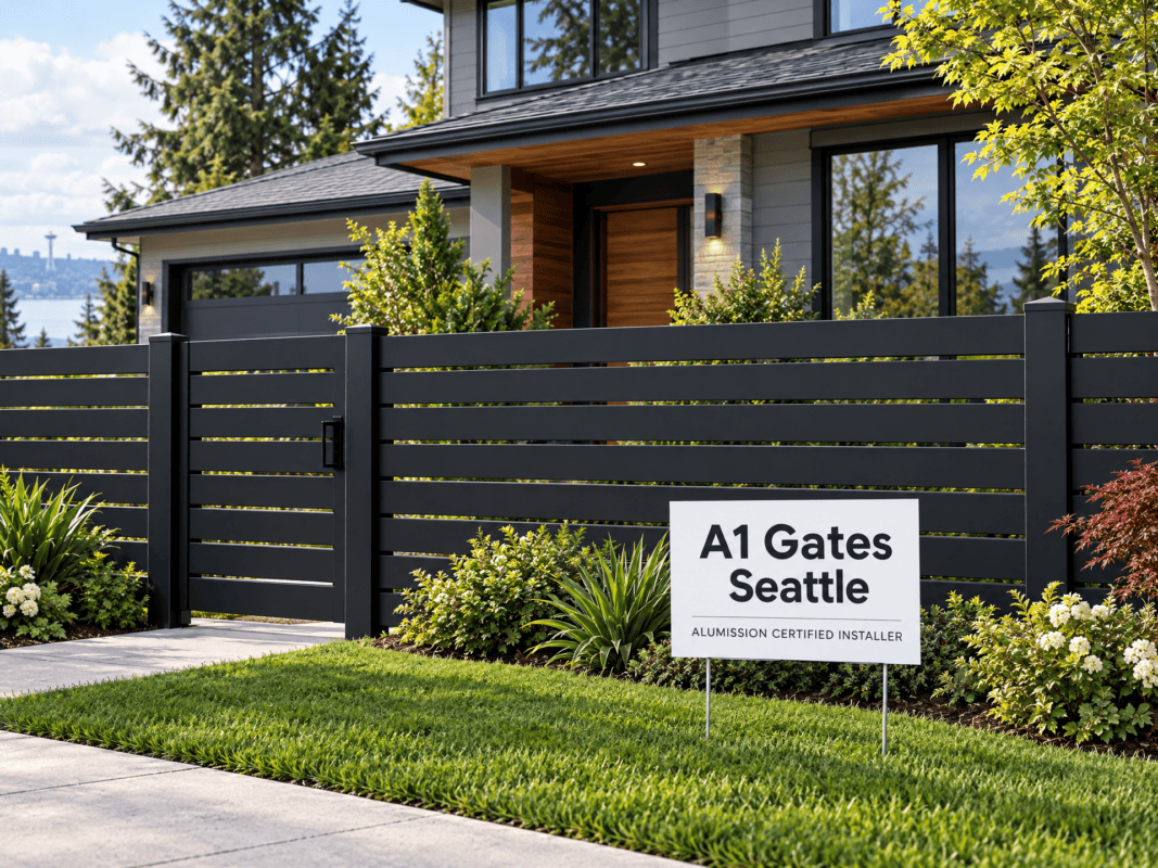 Illustration of a house with an aluminum front fence and a A1 Gates Seattle lawn sign