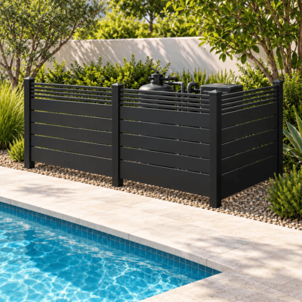 Black dallas style aluminum privacy screen, three 48-inch-wide panels in an L-shaped pool equipment enclosure visualization